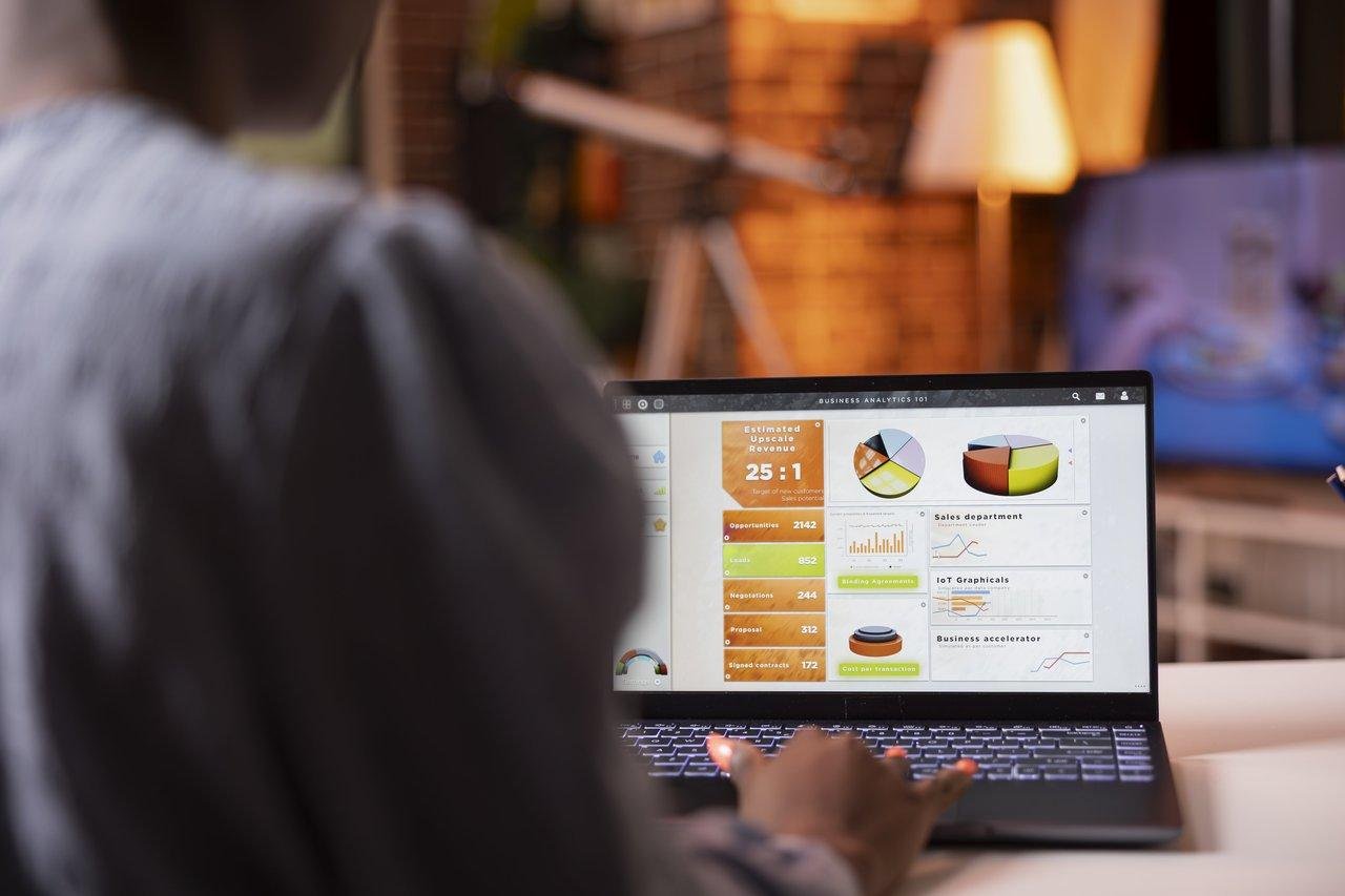 Tableau de bord de productivité freelance personnalisé sur laptop, affichant des graphiques et indicateurs clés.